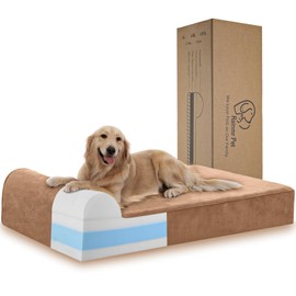 Rainmr 7 inch Orthopedic Dog Bed for Large Dogs - Microsuede Cover/Waterproof Inner Case - with 4 inch Headrest Memory Foam Dog Bed (Large, Khaki)
