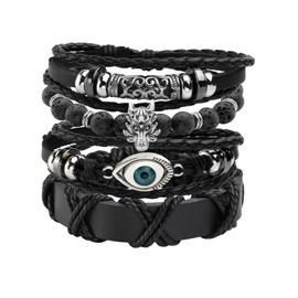 MILAKOO 4 Pcs Braided Leather Bracelet for Men Women Lava Rock Beads Bracelet 8mm