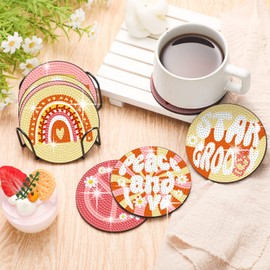 Shellwei 8 Pcs Boho Diamond Painting Art Coasters with Holder Groovy Hippie Daisy Diamond Painting Kit Pink DIY Crafts Coasters for Adults Beginner Gift Supplies