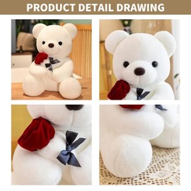 Bocguy Teddy Bear Plush, 35 cm Teddy Bear with Rose, Stuffed Toy Decorative Room Cushion for Christmas, Valentine's Day, Birthday Home Decoration (35 cm, White)
