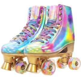 JajaHoho Roller Skates for Women, Holographic High Top PU Leather Rollerskates, Shiny Double-Row Four Wheels Quad Skates for Girls and Age 8-50 Indoor Multicolor (Rainbow, US 5)