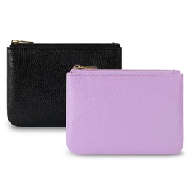 Chelmon PU Leather Coin Purse Pouch Change Holder Small With Zipper for Men Women 2 PCS Set (Black&Purple)