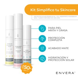 ENVERA Simplifica tu Skincare - Protector Solar Primer FPS 50+ 50ml | Gel Hidratante Matificante Hydraboost 50ml | Suero Contorno de Ojos 25ml | Piel Mixta y Grasa | Protección Completa