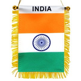 Anley 4 X 6 Inch India Fringy Window Hanging Flag - Mini Flag Banner & Car Rearview Mirror Décor - Fringed & Double Sided - Indian Hanging Flag with Suction Cup