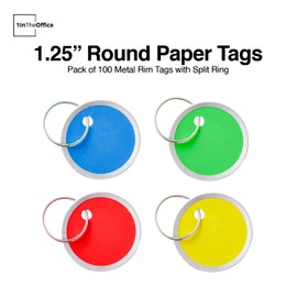 1InTheOffice Key Tags with Labels, Round, Metal Rim Key Tag, Assorted Color Card Stock Key Tag, 1-1/4" (50/Pack)