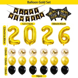 Jxuzh New Year's Eve Decoration 2026 XXL Set Black Gold 25 Pieces Foil Balloons (Number 2026) 80 cm Happy New Year Garland Stars Balloons for New Year's Eve Party, New Year, Year Change Party