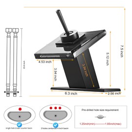 Black Bathroom Sink Faucet with 3-Color Changing LED Light Waterfall Glass Spout Single Handle One Hole Battery Power Lavatory Vanity Faucets Cold and Hot Water Mixer Bath Basin Sink Tap Commercial