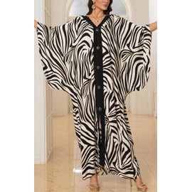 Orshoy Women's Kaftan Beach Dress Maxi Kaftan Long Cover Up Summer Dress Maxi Dress V Neck Casual Dress Swimwear Sleepwear Casual Long Dress, Black and white zebra, One size fits all