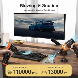 Compressed Air Duster & Mini Vacuum Cleaner 4in1, MECO 3 Gear 110000RPM Electric Air Blower, 13000PA Keyboard Cleaner, Handheld Vacuum Cordless Air Duster for PC/Computer/Keyboard/Sofa/Car (Orange)