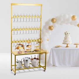 Julymoda Champagne Wall Holder for Party, Champagne Tower Stand with Storage Shelf and Swivel Casters, 4-Tier Metal Champagne Flutes Display Stand Hold 40 Glasses, Suitable for Wedding, Christmas