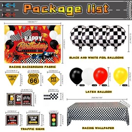 Race Car Birthday Party Decorations Supplies with Happy Birthday Racing Car Backdrop, Tablecover, and Checkered Flags Balloons for Kid Boys Let's Go Racing Happy Birthday Party Supplies