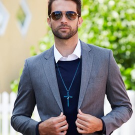 LeapoFaith Cross Pendant for Car Rear View Mirror Decor Charm Hanging Accessories Ornament Cute Christian Gift Stainless Steel Cross Men Necklace Adult Men Amulet (Blue)