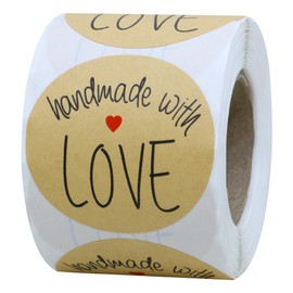Hybsk Kraft Handmade with Love Stickers with Black Font Total 2" Round 300 Adhesive Labels Per Roll