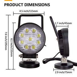 RIGIDON 1 x LED work light with magnetic base, 12 V, 24 V, 4 inch, 10 cm, 27 W LED floodlight, off-road lighting for car, SUV, ATV, tractor, truck, 4 x 4, boat, 6000 K LED search light, work light