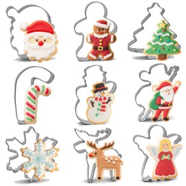 Christmas Cookie Cutters Set - 9 Pieces - Christmas Tree, Gingerbread Man, Snowflake, Snowman, Angel, Santa Face, Santa Claus, Candy Cane, Reindeer Shapes, Stainless Steel Metal Biscuit Cutter Molds