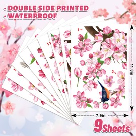 FYSUIMU 9 Sheets Spring Cherry Blossom Window Cling Stickers Pink Flower Branch Bird Window Decals Watercolor Floral Reusable Window Decoration for Party Home Classroom