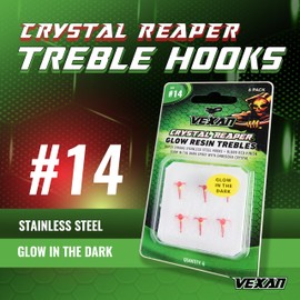 Vexan Size 6 Treble Hooks with Glow Crystals – High-Carbon Steel Fishing Hooks for Saltwater and Freshwater Fishing, Strong and Sharp Design (6-Count)