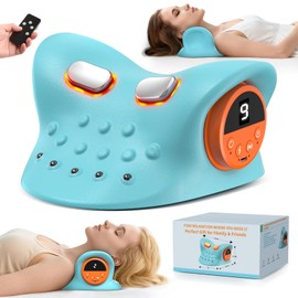 Neck Massager 2026, 4-in-1 Portable Traction Device with Heat & Vibration, 3D C-Shape Cervical Pillow, Adjustable Intensity & Wireless Remote for Home Office Travel