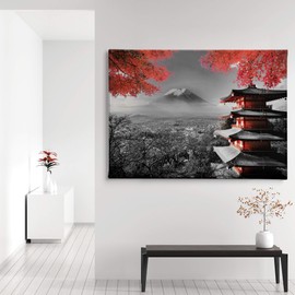 Japanese Temple in Autumn Black White Red Canvas Art Wall Art Home Decor (45in x 30in Gallery Wrapped)