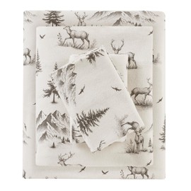 Woolrich Cotton Sheet Set Cottage Charms Print, 100% Cotton Flannel Sheets Warm & Fuzzy Bedding Set Queen Size Sheets, Fitted Pocket Fits Up to 14" Mattress, Queen Gray Deer Toile 4 Piece