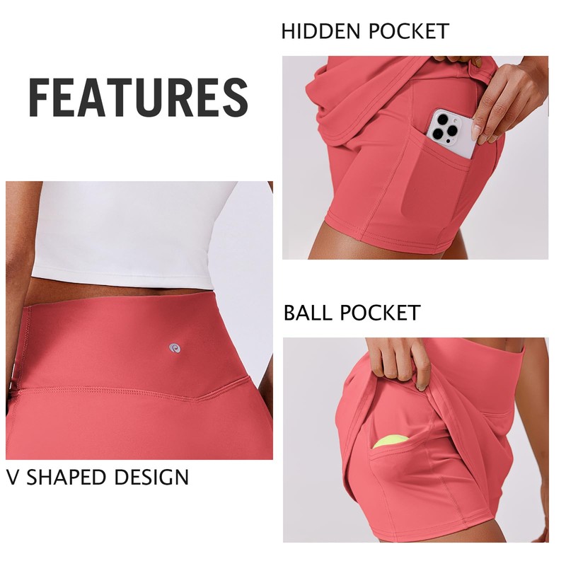 PINSPARK Women's High Waisted Pleated Tennis Skirts with Pockets Tummy