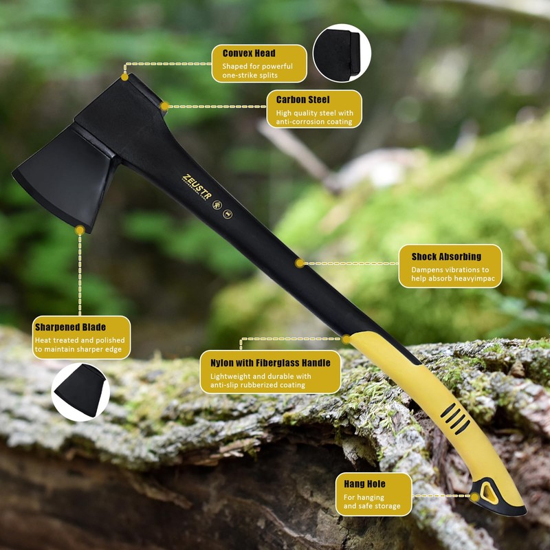 ZEUSTR 24" Splitting Axe Hatchet, Nylon Shock-Absorbing Handle, Camping Axe
