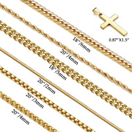 CLASICOMIS 7 Pcs Mens Stainless Steel 18K Gold Plated Chain Necklace Jewelry Set for Men, 6 Chains and 1 Cross Pendant (18"/20"-Stackable-length, Gold)