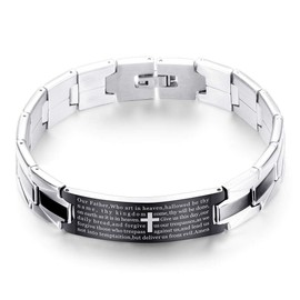 Reizteko Men's Vintage Stainless Steel Black Cross Silver English Bible Lords Prayer Religious Link Wrist Bracelet (black silver (cross middle 8.1")