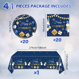 41Pcs Blue Retirement Party Decorations, Happy Retirement Party Supplies Includes 20 Plates, 20 Napkins and 1 Tablecloth, Blue Gold Disposable Dinnerware for Women Men Retirement Party Tableware