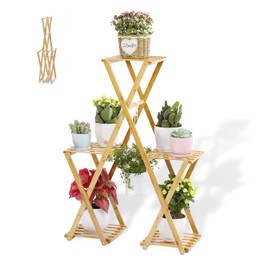 Foldable Plant Stand Bamboo Flower Pots Rack Hanging Plants 3-Tier 5 Stands Indoor Display Organizer Shelf for Home Outdoor Patio Lawn Garden Balcony