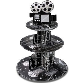 3 Tiers Movie Night Cupcake Stand Movie Cardboard Cupcake Holder Movie Birthday Party Decorations for Movie Night Themed Birthday Party Desserts Supplies Decorations (Black and White)