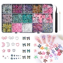 Esoes Nail Charms with Pick Up Tool, Pack of 600 Floral Nail Art Charms, 3D Hawaiian Flower Nails, Colourful Flower, Nail Diamonds