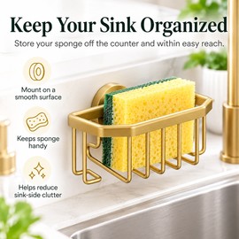 Gold Sink Sponge Holder for Kitchen Organization – Suction Cup Metal Storage Rack for Sponges, Brushes & Sink Accessories