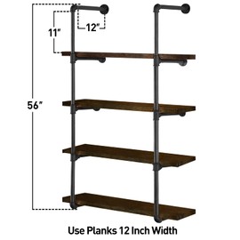 HITOMEN Industrial Iron Pipe Shelves, 2 Set 5-Tier, 56" Tall, 12" Depth, DIY Open Bookshelf Bookcase, Wall Mounted Vintage Retro Shelving, Rustic Farmhouse Pantry Kitchen Storage, Black Shelf Brackets
