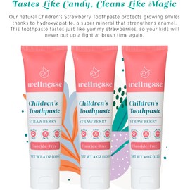 Wellnesse Kids Hydroxyapatite Toothpaste with Xylitol - Fluoride Free Toddler & Children's Natural Toothpaste, Freshens Breath, Sensory-Friendly Oral Care, Vegan, Strawberry Flavor, 4 oz (Pack of 3)