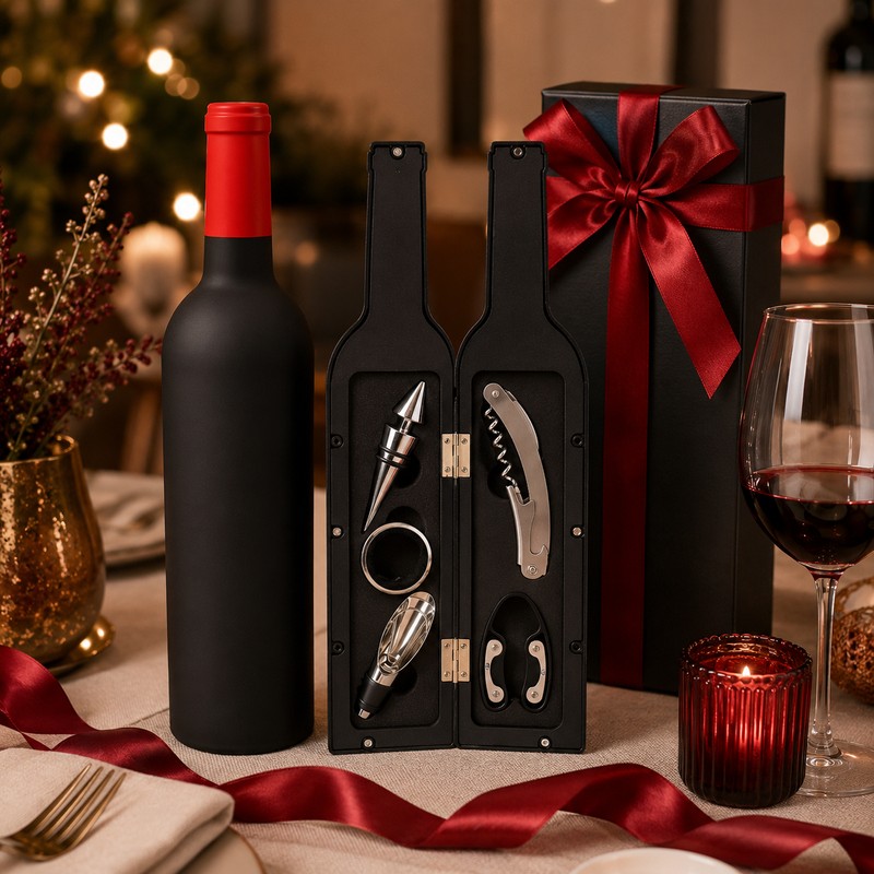 Wine Opener Set with Bottle-Shaped Holder – Corkscrew & Stopper