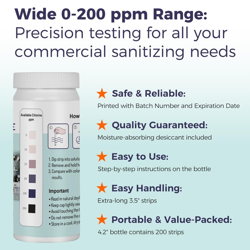 200 Chlorine Test Strips for Food Services, 0-200 ppm Sanitizer