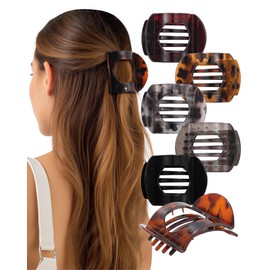 AWAYTR 6Pcs Flat Hair Clips for Women Strong Grip Curved Claw Clip for Thin Hair Non-slip Plastic Hair Barrettes (Leopard print + Black)