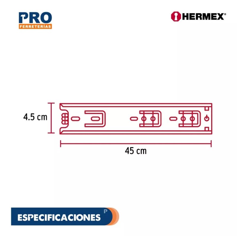 Hermex Corredera De Extensión Total 45mm, Para Cajón, 45cm 43273
