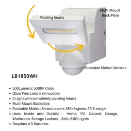 IQ America LB1850WH Motion Security Flood Light, Battery Operated Motion Sensor, 500 Lumen LED, Indoor Outdoor Universal Eave Soffit/Wall Mount Closet Shed Attic Workshop Garage Light White