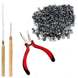 Hair Extensions Tools Kit 500 count  Ring Beads 1 Hair Extension Plier 1 Hook  1 Pulling Loop for Fairy Hair Tinsel Strands Professional Hair Styling Tools Accessory(Brown) - Color: Black