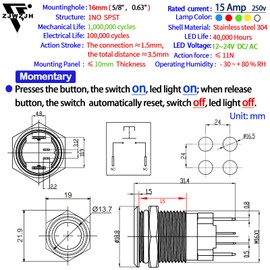 15 Amp Push Button Switch 16mm 5/8" Momentary Switch Red Waterproof 12V DC 24V SPST On Off Switch with Wire Socket for Cars and Ships
