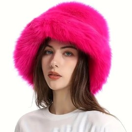 New Super Fluffy Cossack Style Soft Fleecy Faux Fur Bucket hat - Womens Winter Hats (UK, Alpha, One Size, Fushia)