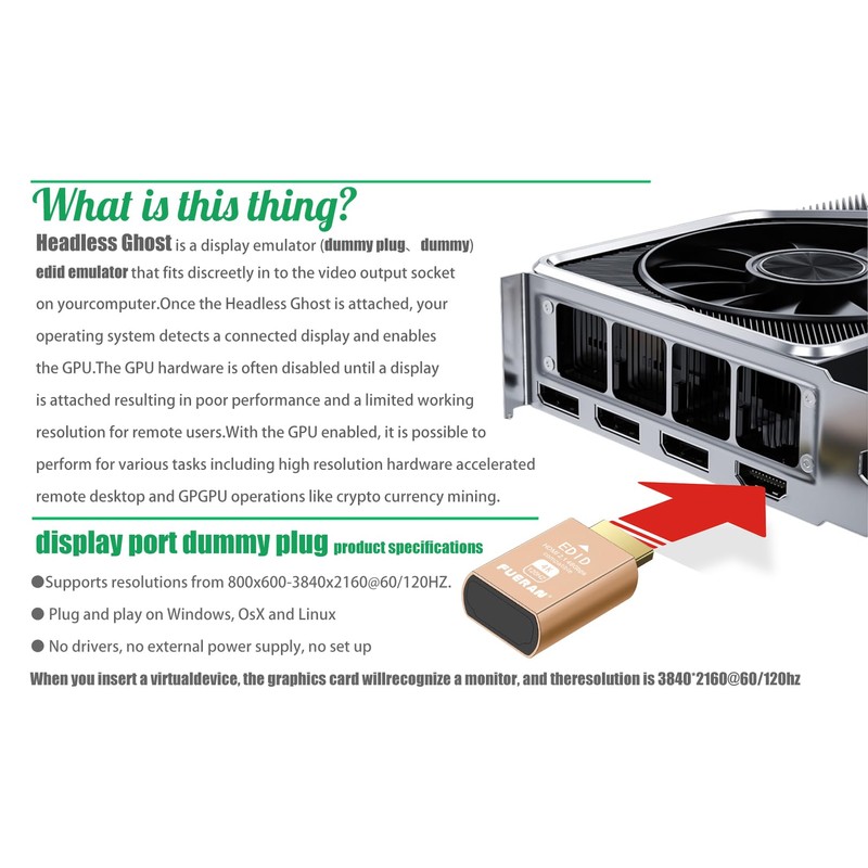 FUERAN HDMI 2.1 Dummy Plug 4K@120Hz Virtual Display Emulator, Headless