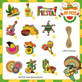 Mexican Fiesta Wooden Ornaments, 37pcs Cinco De Mayo Tree Ornament Hanging Ornaments Mexico Fiesta Wooden Decor for Mexican Fiesta Party Decorations Taco Party Decorations