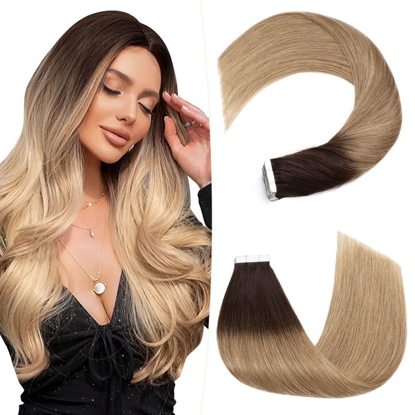 Hairro Glue In Hair Extensions Human Hair Tape In Real Human Hair Skin Weft Double Sided Tape Balayge Highlight Blonde Tape On Hair Extensions 20 inch 50g 20pcs #4T27 Medium Brown To Dark Blonde