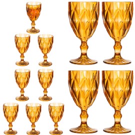 12 Pack Vintage Wine Glasses, Plastic Reusable 12 Ounce Colored Water Goblets, Unique Embossed Pattern Unbreakable Stemmed Wine Glasses High Clear Wedding Party Bar Drinking Cups Amber