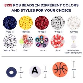 Clay Beads for Bracelets Making, Funtopia 5100 Pcs+ Blue Yellow Red Grey and White Heishi Flat Round Beads, Friendship Bracelet Kit with Letter Beads Sports Beads, DIY Bracelets for Boys Adults