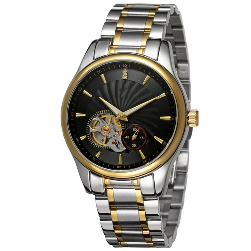 FORSINING Automatic Mechanical Movement Steel Strap Business Men Wristwatch(Black+Gold)