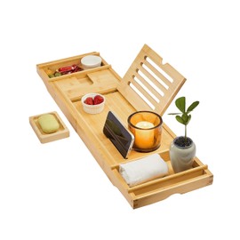 FoodieJoy Premium Bathtub Tray - Expandable Bath Tray for Tub - Unique House Warming Bath Tub Tray Wood - Luxury Bathtub & Bathroom Accessories for New Home (Bathtub Tray Non-Engraved)